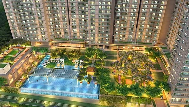 Aerial view of DLF Privana residential towers and landscaped amenities