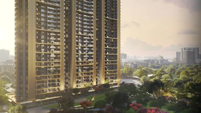 M3M Crown residential towers with infinity pool and garden views at sunset