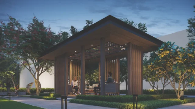 Artistic impression of a wooden gazebo sit-out at Roots Courtyard 2, Sector 95A, Gurugram