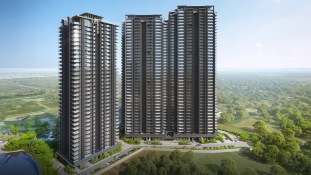 Panoramic view of KRISUMI Waterside Residences high-rise towers surrounded by greenery in Sector-36A, Gurugram
