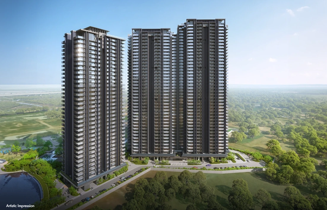 Panoramic view of KRISUMI Waterside Residences high-rise towers surrounded by greenery in Sector-36A, Gurugram