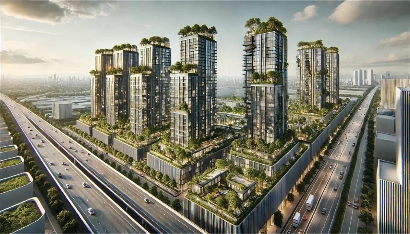 Aerial perspective of BPTP Amstoria Verti Greens Gurugram – futuristic residential towers with rooftop greens