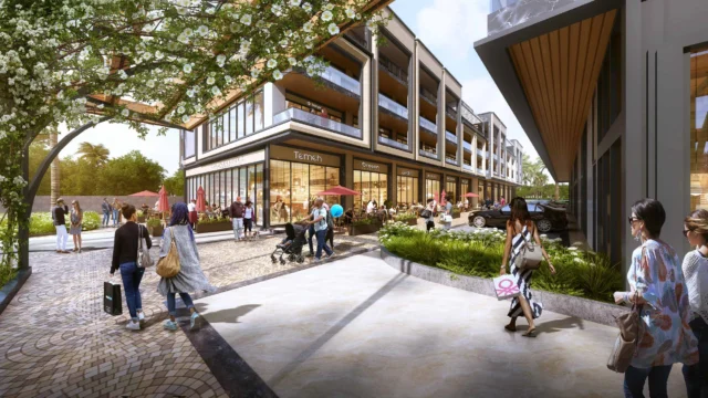 Pedestrian view of Reach Buzz 114 retail shops and outdoor cafes at Sector 114, Dwarka Expressway