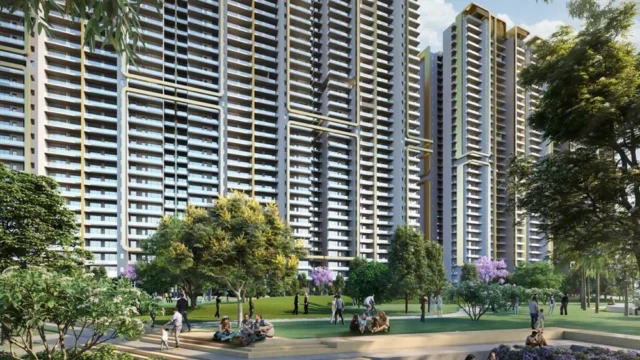 High-rise residential towers with landscaped garden and open green spaces at SCDA Delhi
