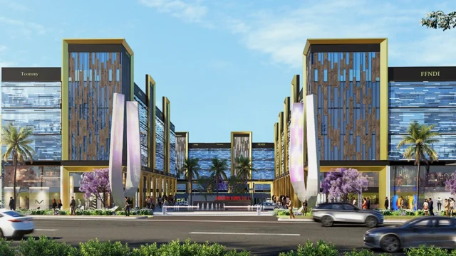 Front elevation view of Signature Global SCO commercial complex with retail shops and wide road frontage