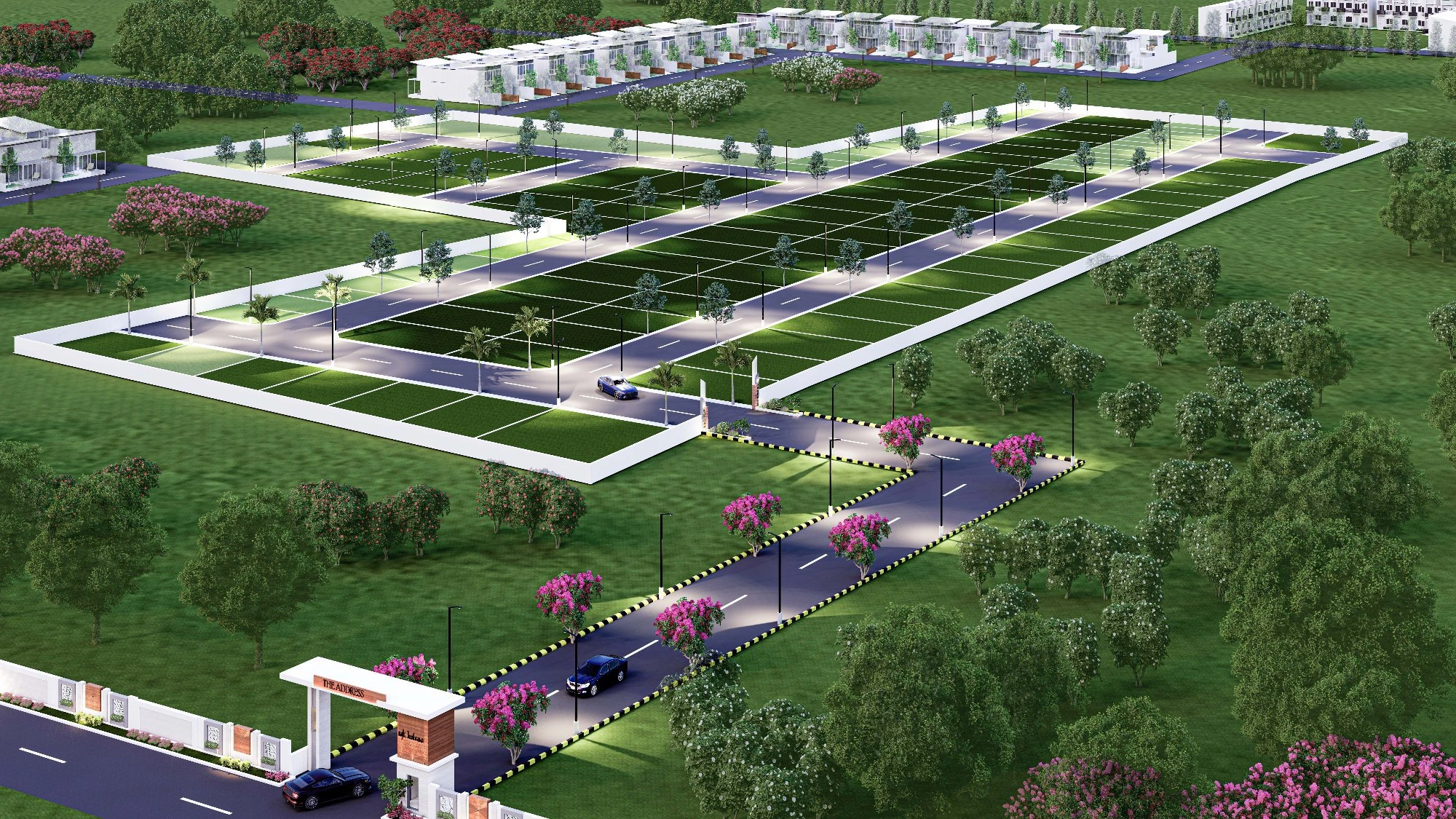 Aerial view of Chintamanis North Avenue plots with wide roads and greenery