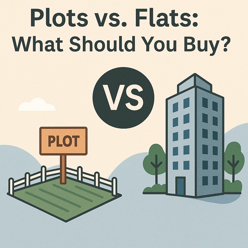 Cover image for blog Plots vs. Flats: What Should You Buy? showing a land plot on the left and an apartment building on the right with a VS symbol in between.