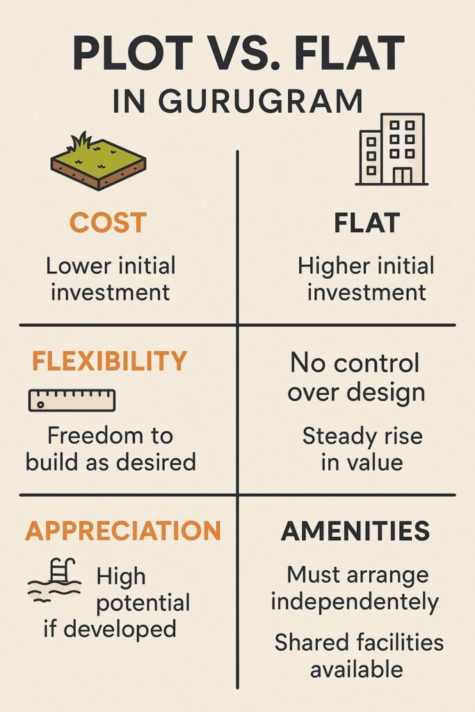 Infographic comparing plot vs. flat in Gurugram with side-by-side points on ownership, customization, cost, maintenance, privacy, loan facility, appreciation, amenities, and 2025 market snapshot including price range, popular sectors, and legal checklist.