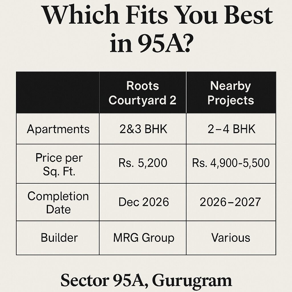 Infographic comparing Roots Courtyard 2 and nearby projects in Sector 95A Gurugram, showing differences in apartment types, pricing, completion dates, and builder names.