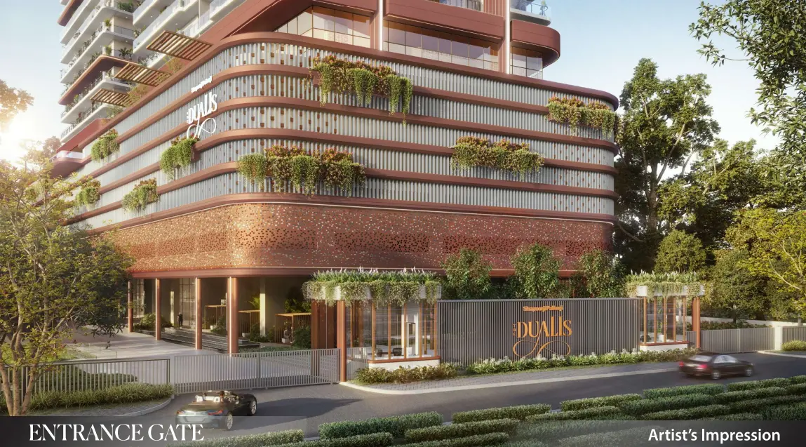 Entrance view of The Dualis project with landscaped facade and grand drop-off zone – Sector 46, Gurgaon