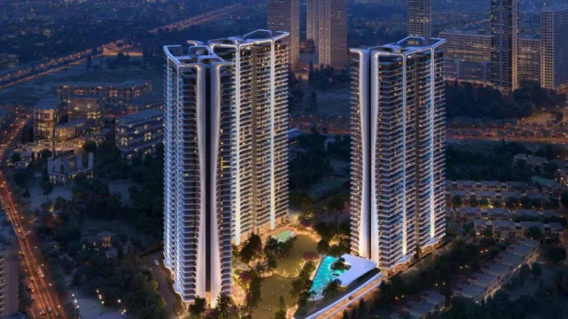 Aerial night view of Smartworld The Edition high-rise towers in Sector 66 Gurugram