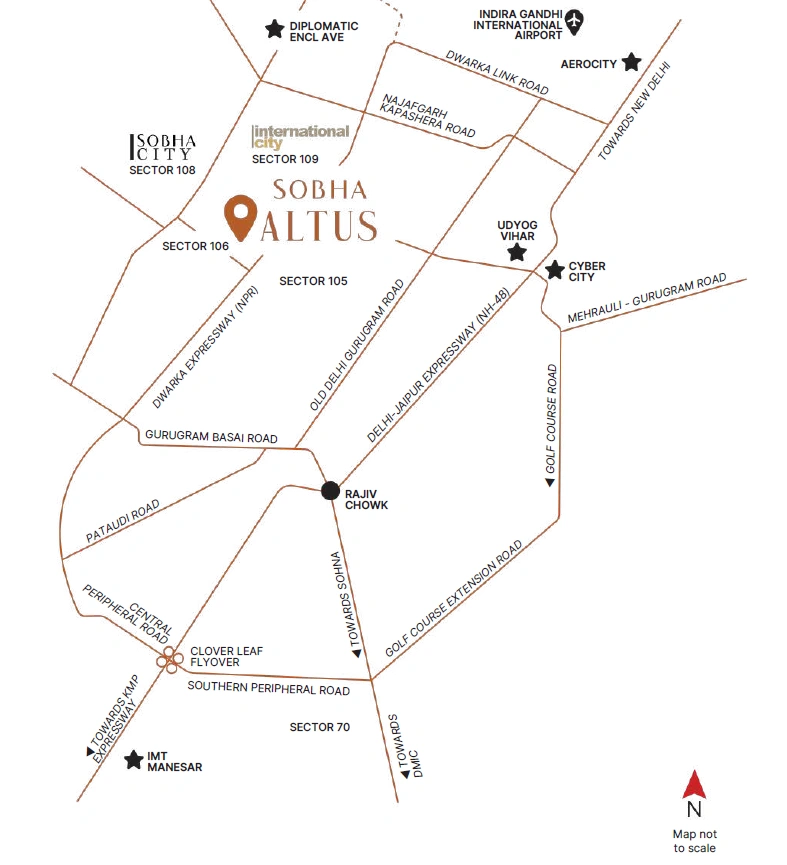 Sobha Altus Sector 106 Gurgaon location map on Dwarka Expressway near IGI Airport and Cyber City
