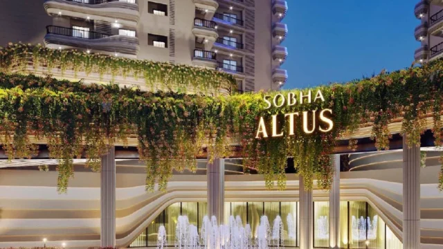 Sobha Altus grand drop-off zone with illuminated fountain and luxury entrance