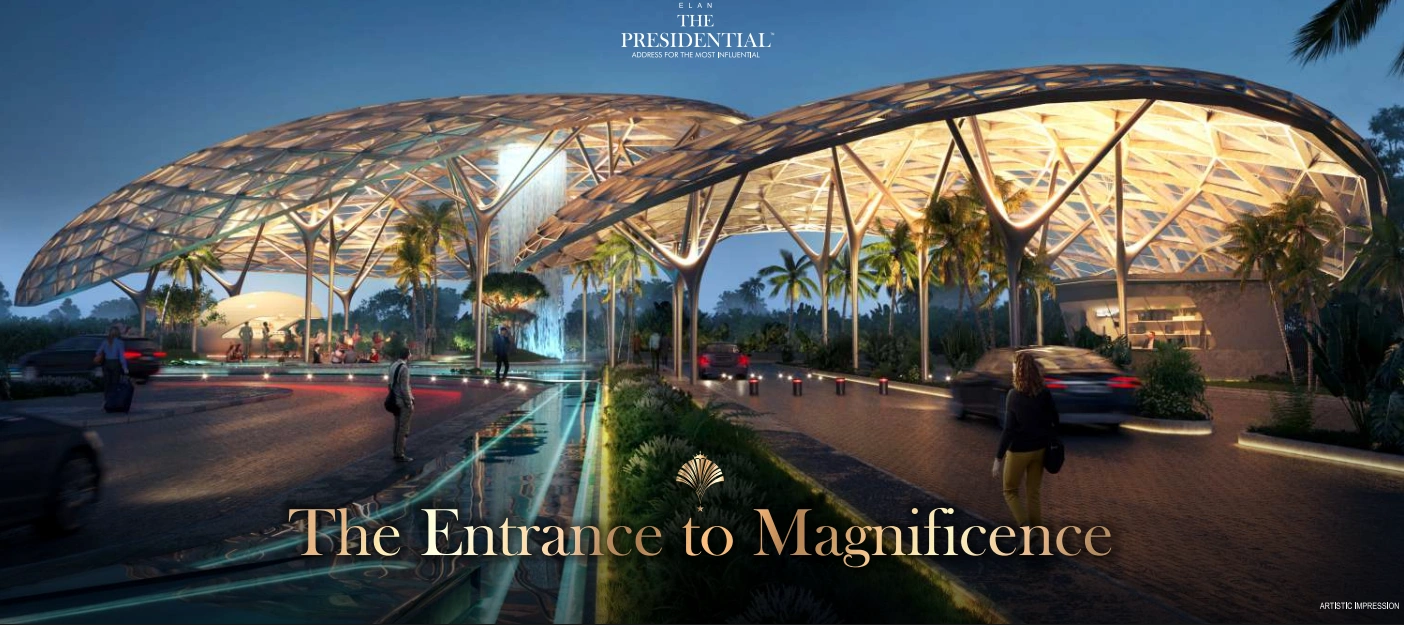 Grand illuminated entrance of Elan The Presidential with iconic canopy and water features
