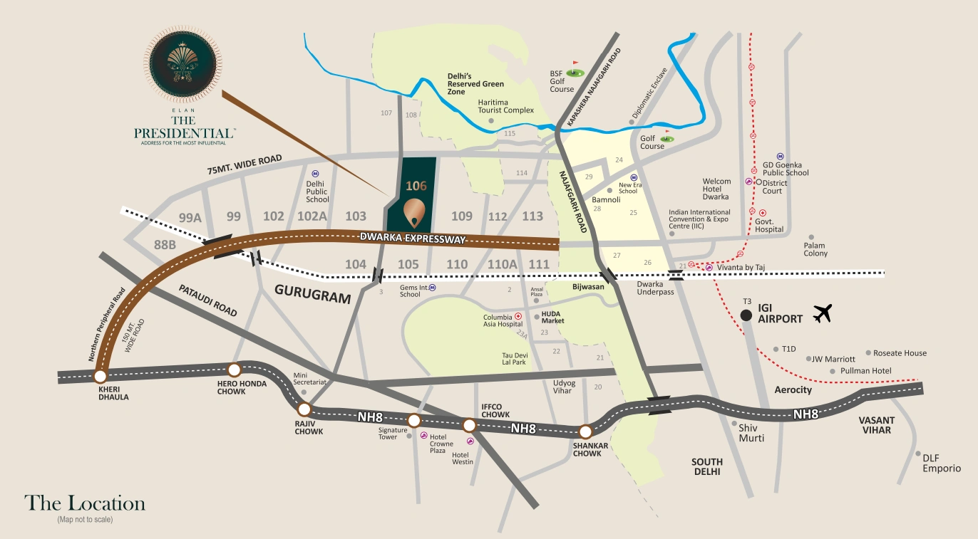 Elan The Presidential location map, Sector 106 on Dwarka Expressway near IGI Airport