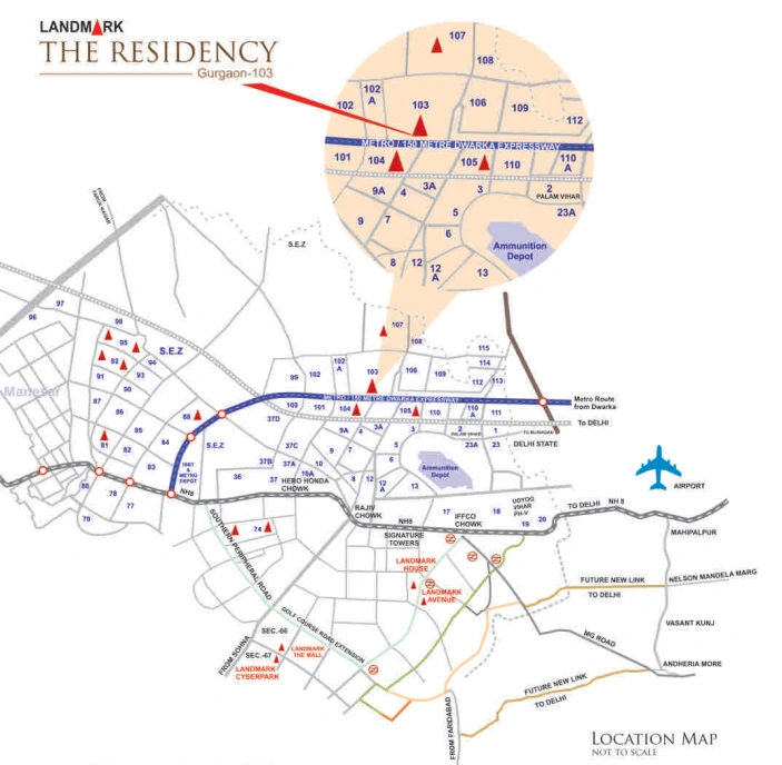 Landmark The Residency Sector 103 Gurgaon location map near Dwarka Expressway and proposed Metro