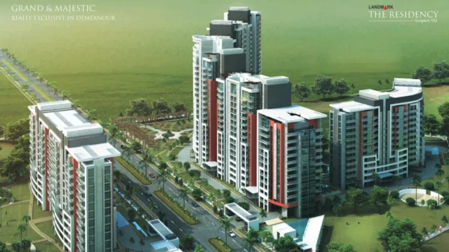 Aerial view of Landmark The Residency towers in Sector 103 Gurgaon with landscaped central greens, club, and amenities.