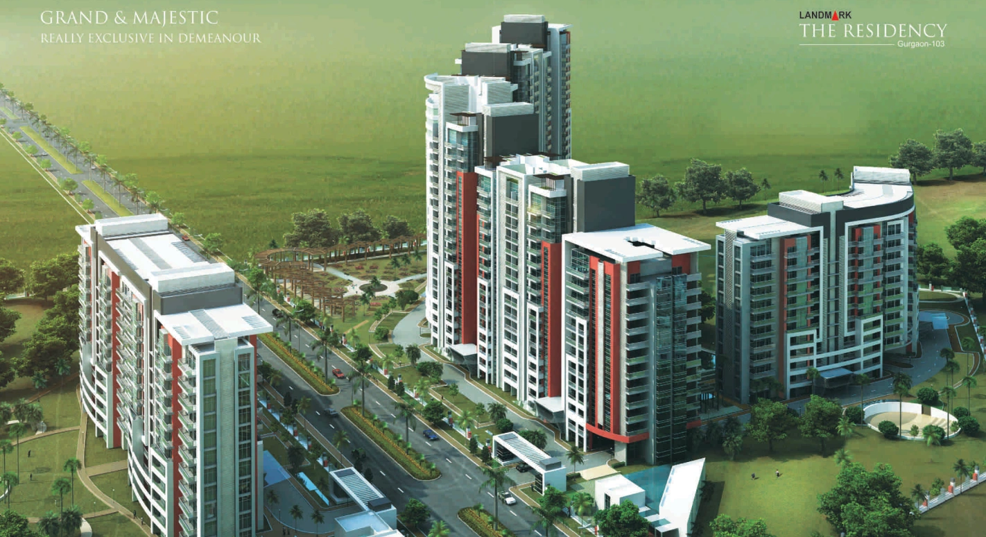 Aerial view of Landmark The Residency towers in Sector 103 Gurgaon with landscaped central greens, club, and amenities.