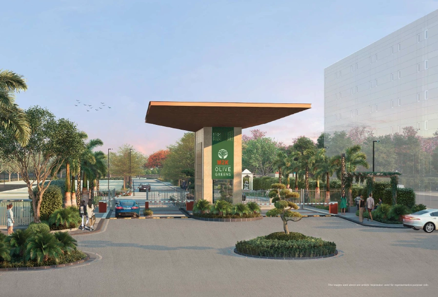 M2K Olive Greens main entrance gate with modern design, palm trees and security