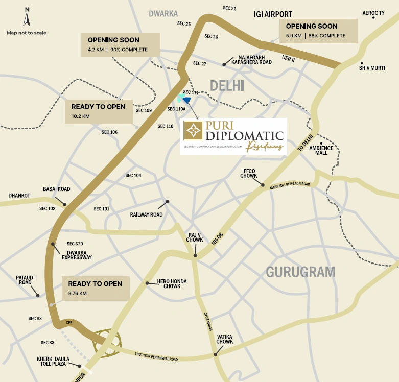 Puri Diplomatic Residences Sector 111 location map near Dwarka Expressway and IGI Airport