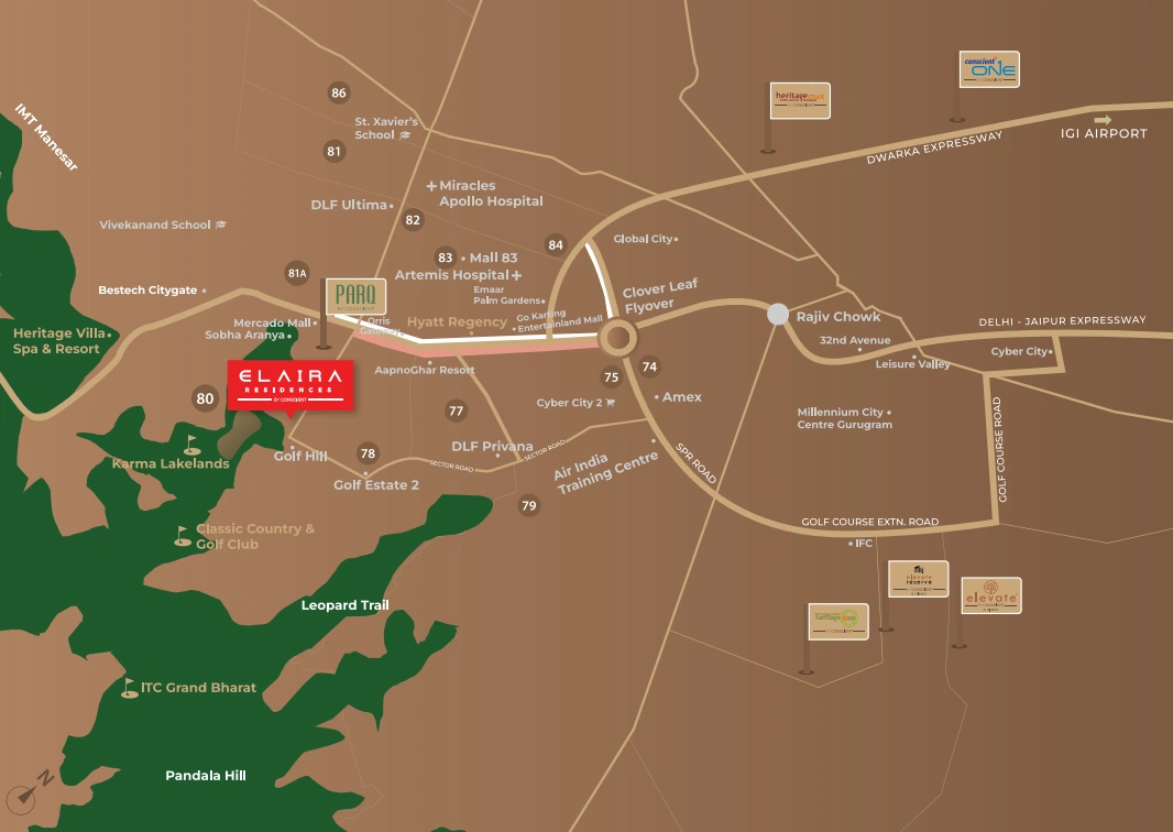 Conscient Elaira Residences Sector 80 Gurugram location map near Dwarka Expressway and NH-8