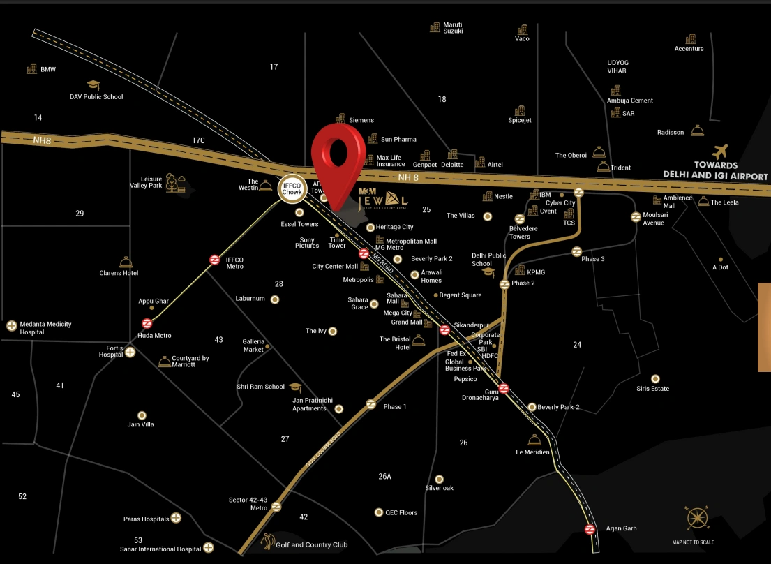 M3M Jewel MG Road Gurugram location map near MG Road Metro, Cybercity and NH-48