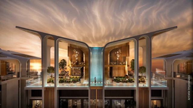 Artistic impression of M3M Altitude rooftop club with cascading waterfall and sky lounge