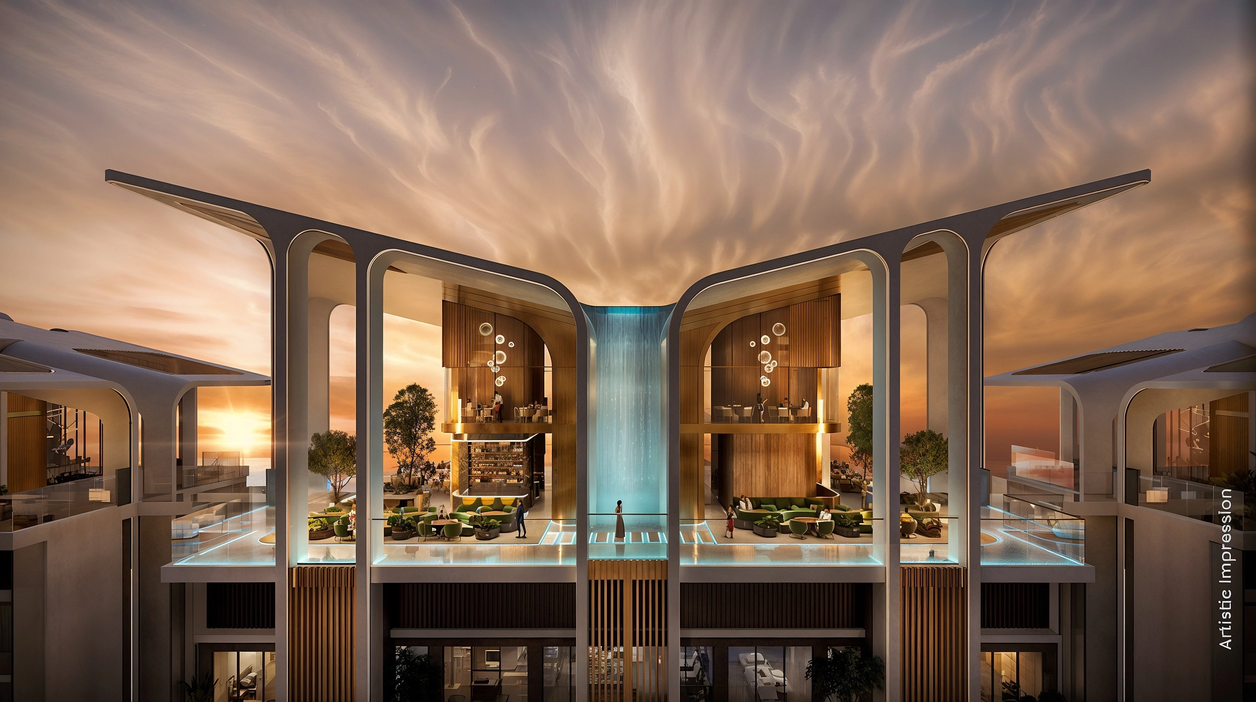 Artistic impression of M3M Altitude rooftop club with cascading waterfall and sky lounge