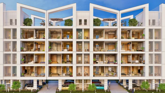 Front view of Daxin Vistas low-rise 4-floor residential building with balconies and private parking