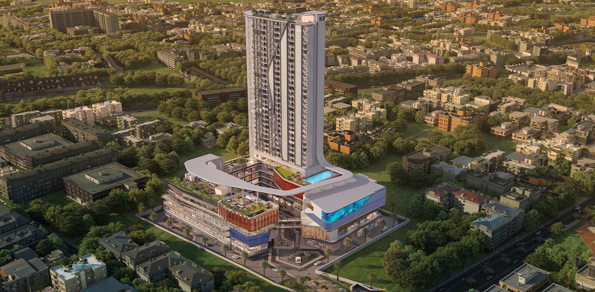 Aerial view of SPJ Vedatam’s full mixed-use complex with serviced apartment tower and commercial block in Sector 14 Gurgaon