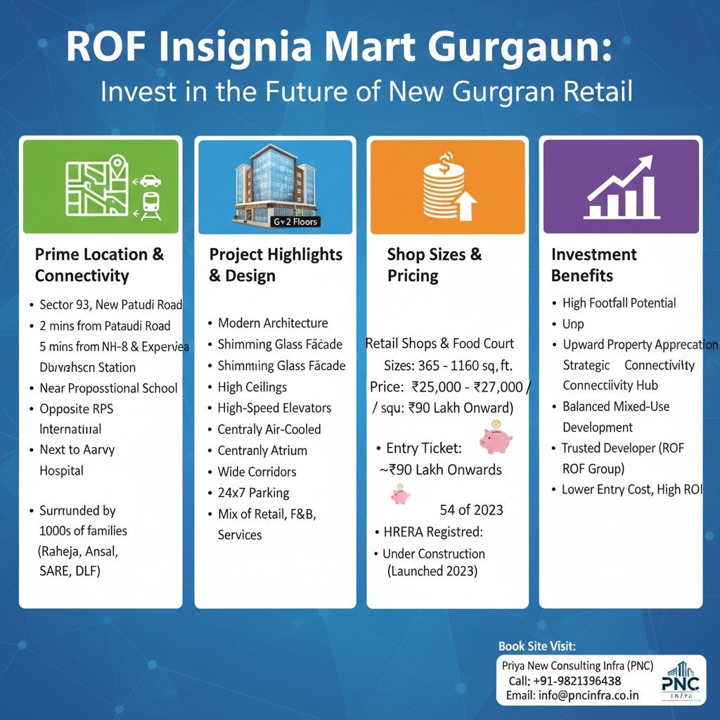 ROF Insignia Mart Gurgaon infographic — Sector 93 location near Pataudi Road & Dwarka Expressway; G+2 shops 365–1160 sq ft, ₹25k–₹27k/sq ft, RERA 54/2023