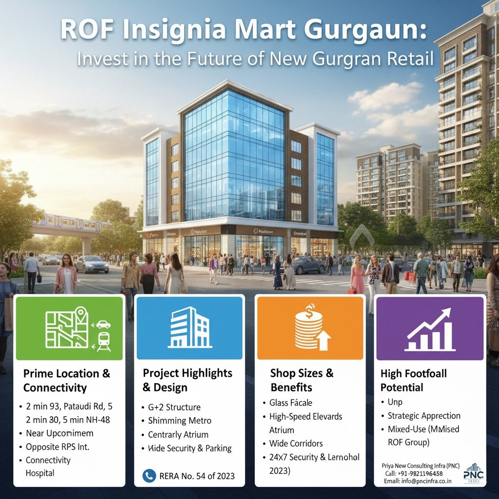 ROF Insignia Mart, Sector 93 Gurgaon — G+2 high-street retail with glass façade; highlights for location, design, shop sizes, and high footfall