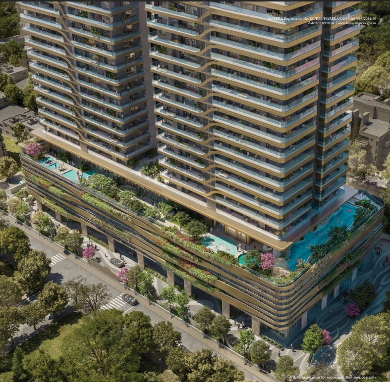 Trevoc Royal Residences podium level with landscaped pool and green terraces in Gurgaon