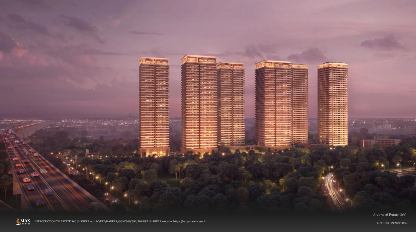 Six high-rise towers of Max Estate 360 on Dwarka Expressway, evening skyline view.