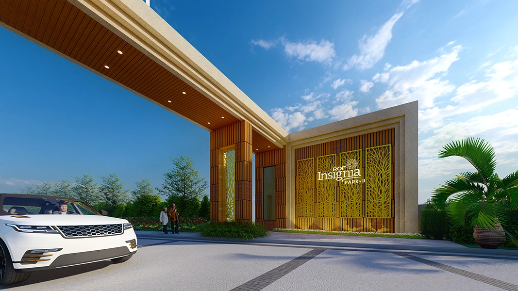 Close-up view of ROF Insignia Park II entrance with premium facade and luxury appeal