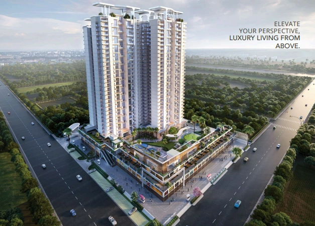 Aerial view of Ambrosia Gurugram twin towers and landscaped podium in Sector 70