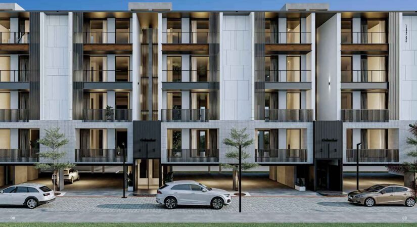 Street view of modern low-rise residential block with parking – Prime Residences Gurgaon