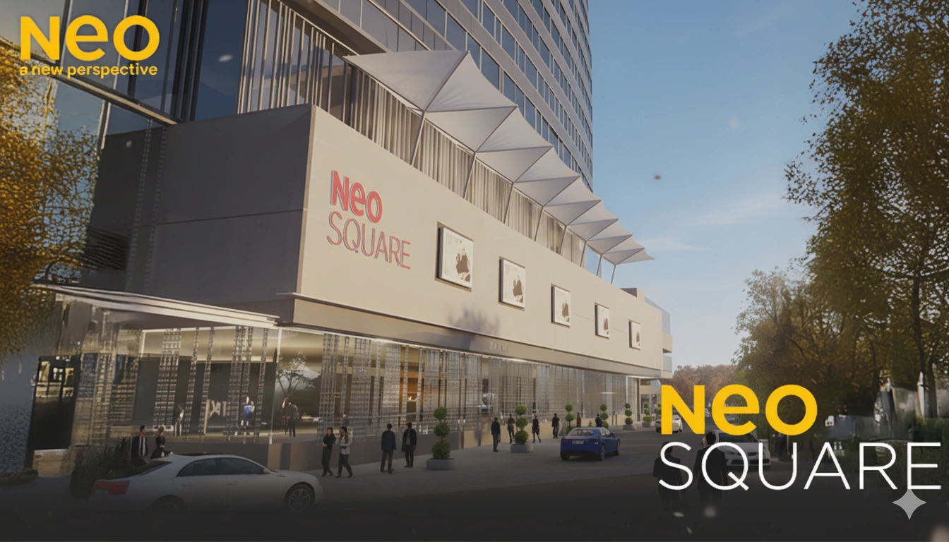 Street-level view of Neo Square entrance showcasing modern design