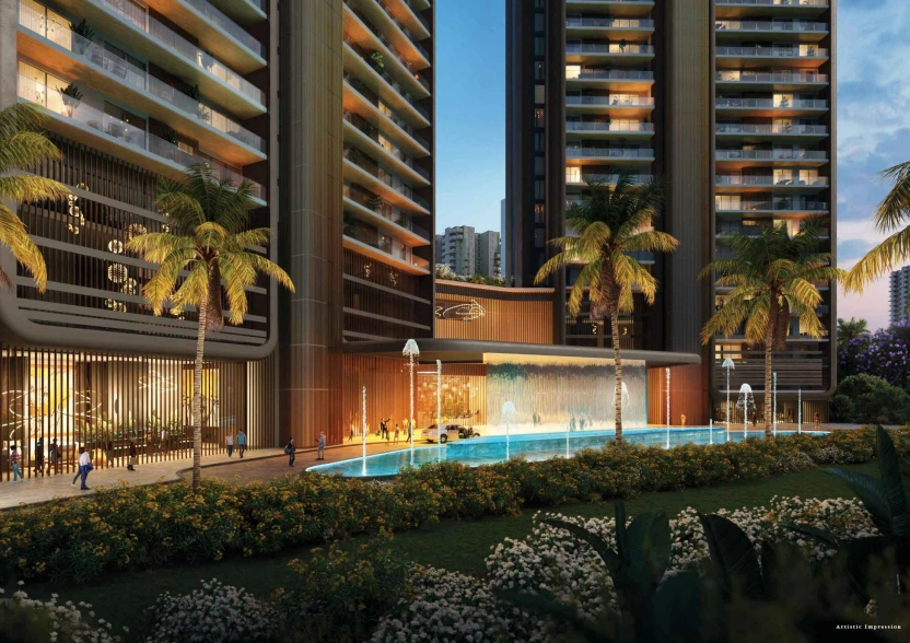 Grand entrance of Nandaka 84 with illuminated fountain, landscaped garden and palm trees