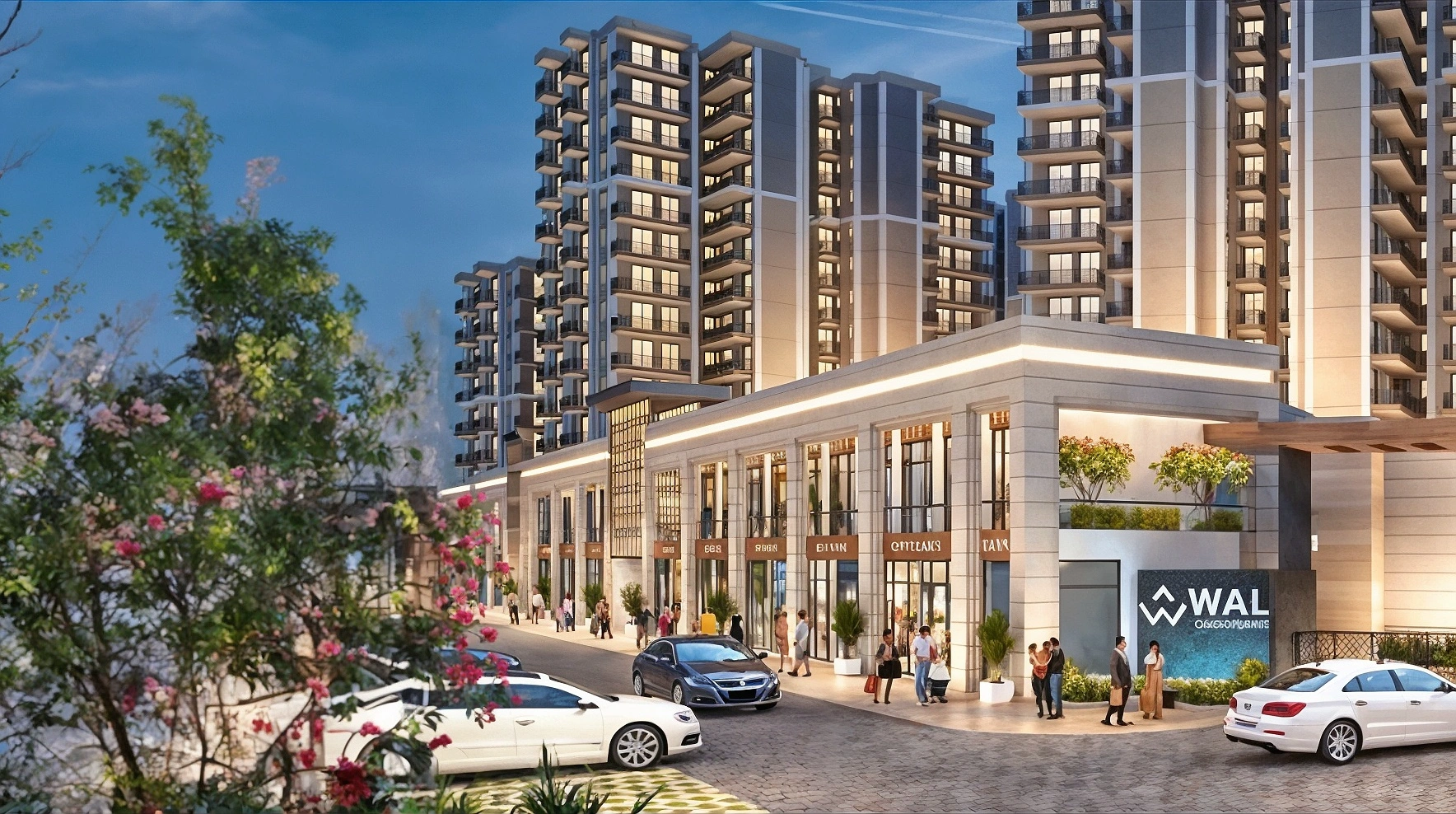 Wide angle view of Wal Verde 92 residential complex with retail shops, Sector 92 Gurgaon