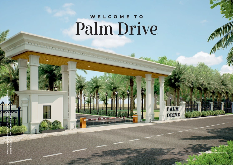 Grand entrance gate of Palm Drive residential project with palm trees and classic architecture