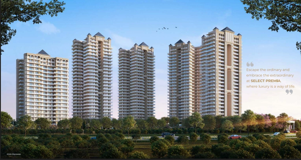 Artist’s impression of Select Premia luxury high-rise towers in Sector 77 Gurugram, surrounded by greenery.